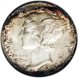 1916-S 10C MS67 Full Bands NGC. The dominant color on 