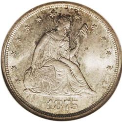 1875-S 20C MS67 NGC. MPD-002. The top of an 8 looms ab 