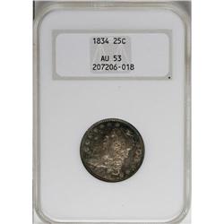 1834 25C AU53 NGC. B-1, R.1. Reddish-gold toning cover 