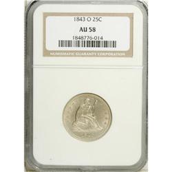 1843-O 25C AU58 NGC. Pleasing silver-gray surfaces are 