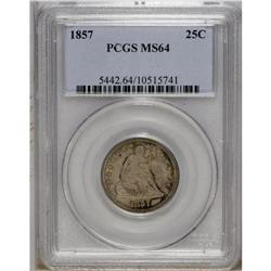1857 25C MS64 PCGS. Thick green, gold, and gray patina 