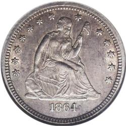 1864-S 25C AU58 NGC. In a series replete with rarities 