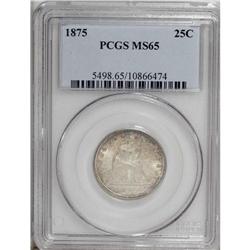 1875 25C MS65 PCGS. Highly lustrous with russet and go 
