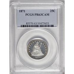 1871 25C PR63 Cameo PCGS. Icy devices rise above refle 