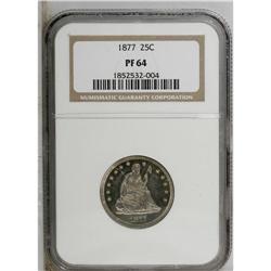 1877 25C PR64 NGC. A moderately mirrored near-Gem that 