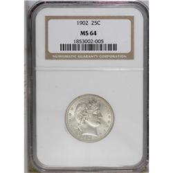 1902 25C MS64 NGC. Hints of gold and blue patina enliv 