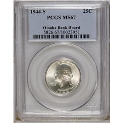 1944-S 25C MS67 PCGS. Ex: Omaha Bank Hoard. Frosty sur 