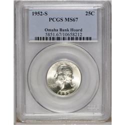 1952-S 25C MS67 PCGS. Ex: Omaha Bank Hoard. Solidly st 