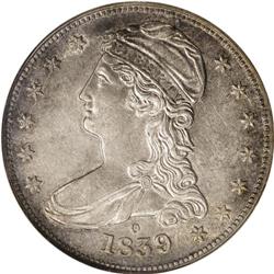 1839-O 50C AU58 NGC. Speckles of light olive-tan run o 