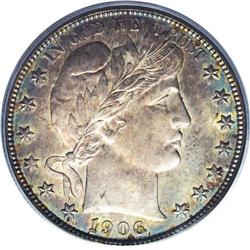 1906-S 50C MS65 PCGS. Orange-red centers are bounded b 