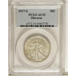 1917-S 50C Obverse AU53 PCGS. Turquoise and gold tonin 