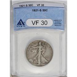 1921-S 50C VF30 ANACS. A moderately worn dove-gray pie 