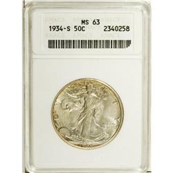 1934-S 50C MS63 ANACS. Quite lustrous with a typical s 