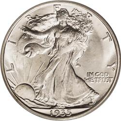 1935-S 50C MS65 PCGS. A satiny finish glows with full 