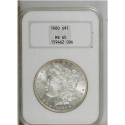 1880 S$1 MS65 NGC. Frosty-white, with the only color a 