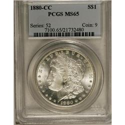 1880-CC S$1 MS65 PCGS. Silver-white surfaces display a 