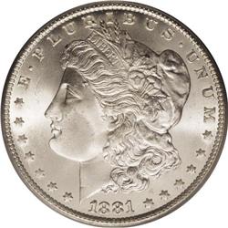 1881-CC S$1 MS67 PCGS. The smooth, satin luster is onl 