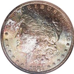 1881-CC S$1 MS67 NGC. Orange-red, apple-green, and sky 