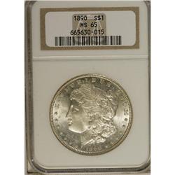 1890 S$1 MS65 NGC. A semi-prooflike Gem with faint hon 