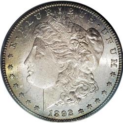 1892-CC S$1 MS64 PCGS. Powder-blue, lilac, fire-red, a 