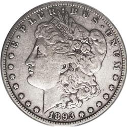 1893-S S$1 VF35 ANACS. This is a silver-gray coin with 