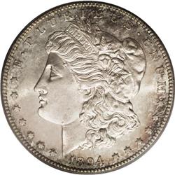 1894-S S$1 MS65 PCGS. Aquamarine, tan, and cherry-pink 