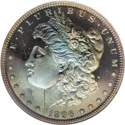 1896 S$1 PR67 NGC. Beautiful turquoise-blue and champa 