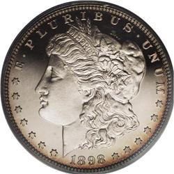 1898 S$1 PR66 Deep Cameo PCGS. Red-gold toning embrace 