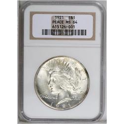 1921 S$1 MS64 NGC. The satiny silver-gray surfaces hav 