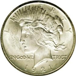 1921 S$1 MS65 NGC. The satiny silver-gray surfaces hav 