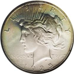 1925 S$1 MS67 NGC. The 1925 Peace dollar is common in 