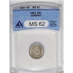 1883 10C Hawaii Ten Cents MS62 ANACS. The satiny surfa 