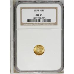 1853 G$1 MS64 NGC. The pretty orange-gold surfaces on 