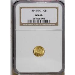 1854 G$1 Type One MS64 NGC. Boldly struck with no ment 