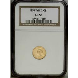 1854 G$1 Type Two AU55 NGC. A pleasing example of the 