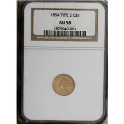 1854 G$1 Type Two AU58 NGC. A pleasing pumpkin-gold pi 