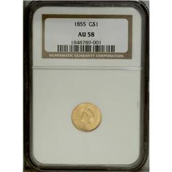 1855 G$1 AU58 NGC. Yellow-gold surfaces reveal nice l 