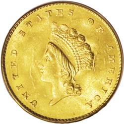 1855 G$1 MS65 PCGS. The Type Two gold dollar was a thr 