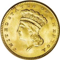 1856 G$1 Slanted 5 MS65 PCGS. Despite a generous minta 