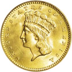 1858 G$1 MS67 PCGS. The 1858 gold dollar, with a minta 