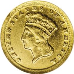 1859-C G$1 MS61 NGC. Variety 11-M. A smooth and shimme 