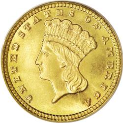 1881 G$1 MS67 PCGS. Greenish-gold patina occupies the 