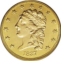 1837 $2 1/2 MS62 PCGS. The 1837 quarter eagle, with a 