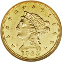1843 $2 1/2 MS61 NGC. Highly lustrous and suitably det 