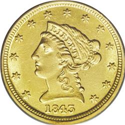 1843-D $2 1/2 Small D AU58 PCGS. Variety 4-F. Well str 