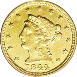 1844-C $2 1/2 AU53 PCGS. The strike is soft, and about 