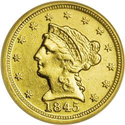 1845-D $2 1/2 AU58 NGC. Variety 6-I. Ample glowing lus 