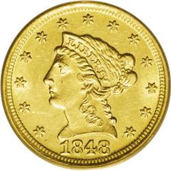 1848-D $2 1/2 MS62 PCGS. Variety 10-M. Two varieties a 