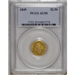 1849 $2 1/2 AU50 PCGS. A lightly worn piece with above 