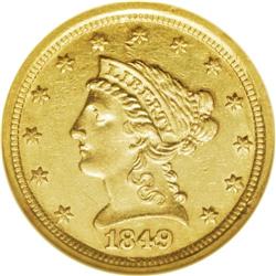 1849-D $2 1/2 AU58 NGC. Variety 11-M. Well struck save 